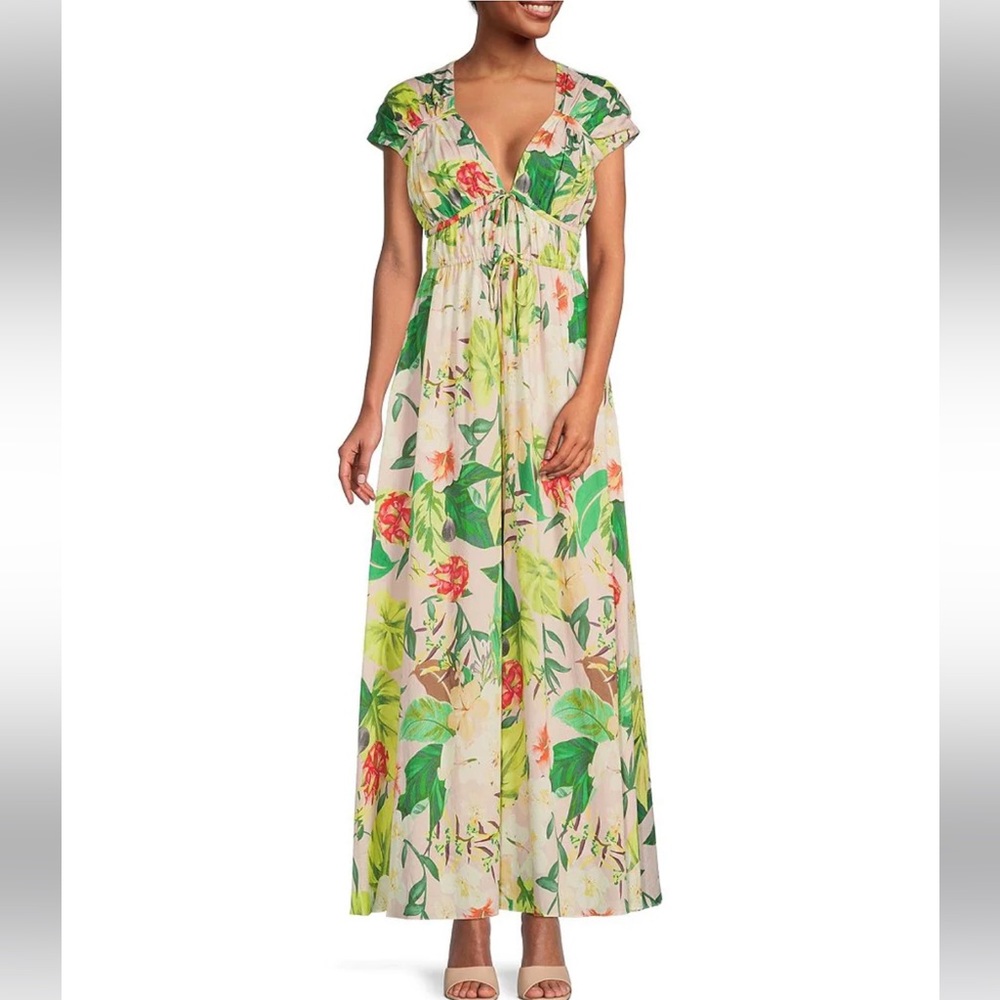 Antonio Melani Vitoria Pink Tropical Print Plunge V-Neck Cap Sleeve Maxi Dress